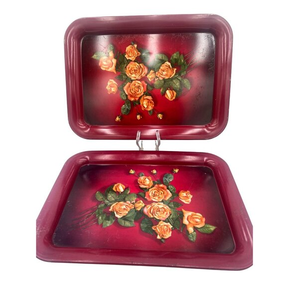 Vintage Floral Metal Serving Trays Set Of 2 Rose Design Boho Chic Burgundy - Picture 1 of 5